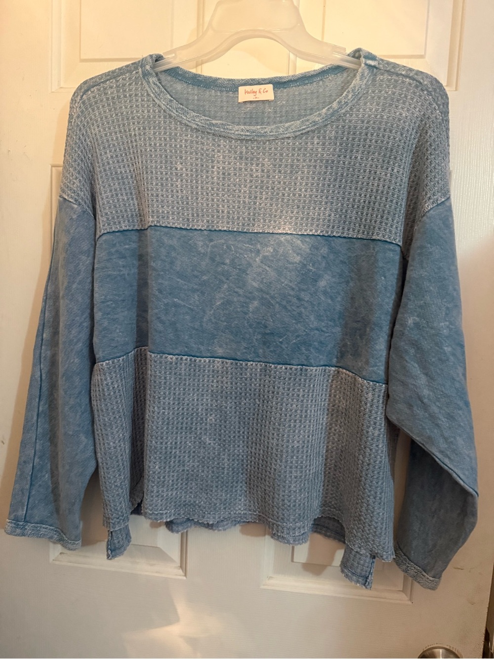 Washed Blue Waffle & Terry Crewneck Sweater